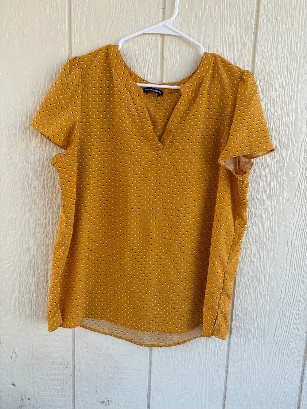 Hilary Radley Mustard Dot Short Sleeve V-Notch Blouse Size L